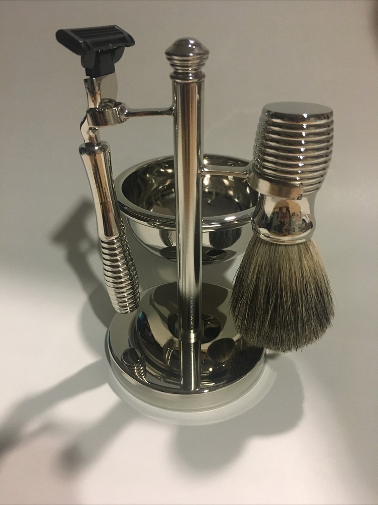 3 Pc Chrome Shave Set Kit -Razor handle, Badger Shave Brush, Soap Dish