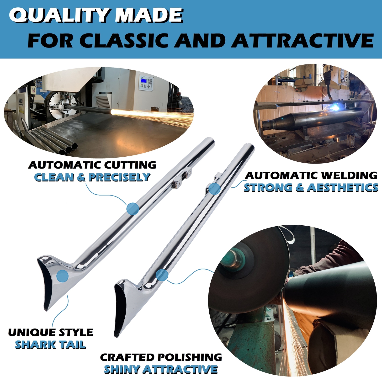 39'' Fishtail Pipes for Harley Softail with 1.75'' True Dual Exhaust Head Pipes