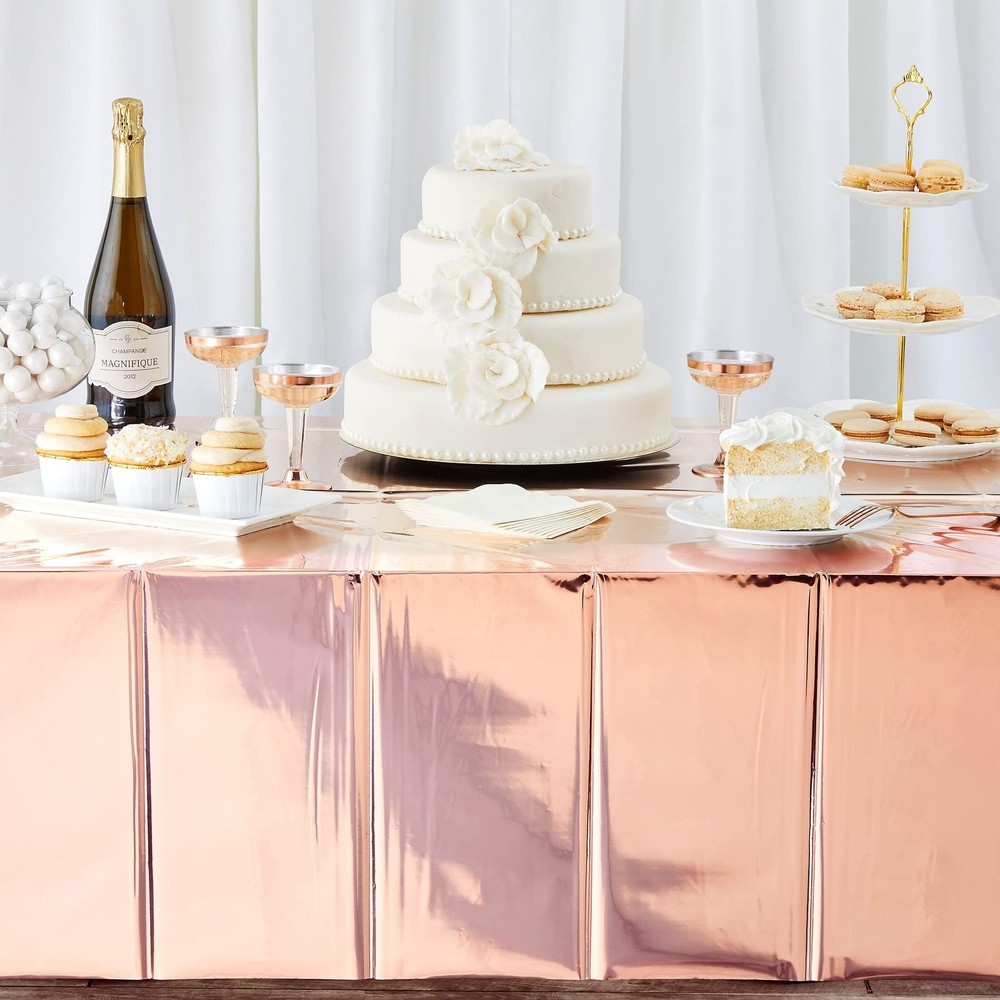 Sparkle and Bash Rose Gold Plastic Rectangular Tablecloth - Easy-Clean Dispos...