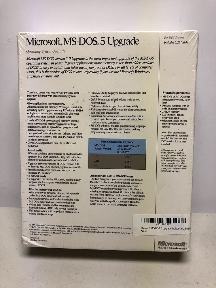 Microsoft MS-DOS 5 Upgrade PC 5.25" Floppy Factory Sealed Software