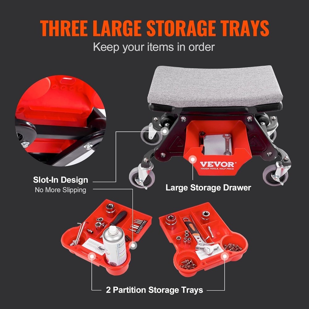 Comfortable Mechanic Stool with Effortless Gliding Wheels and Tool Organization