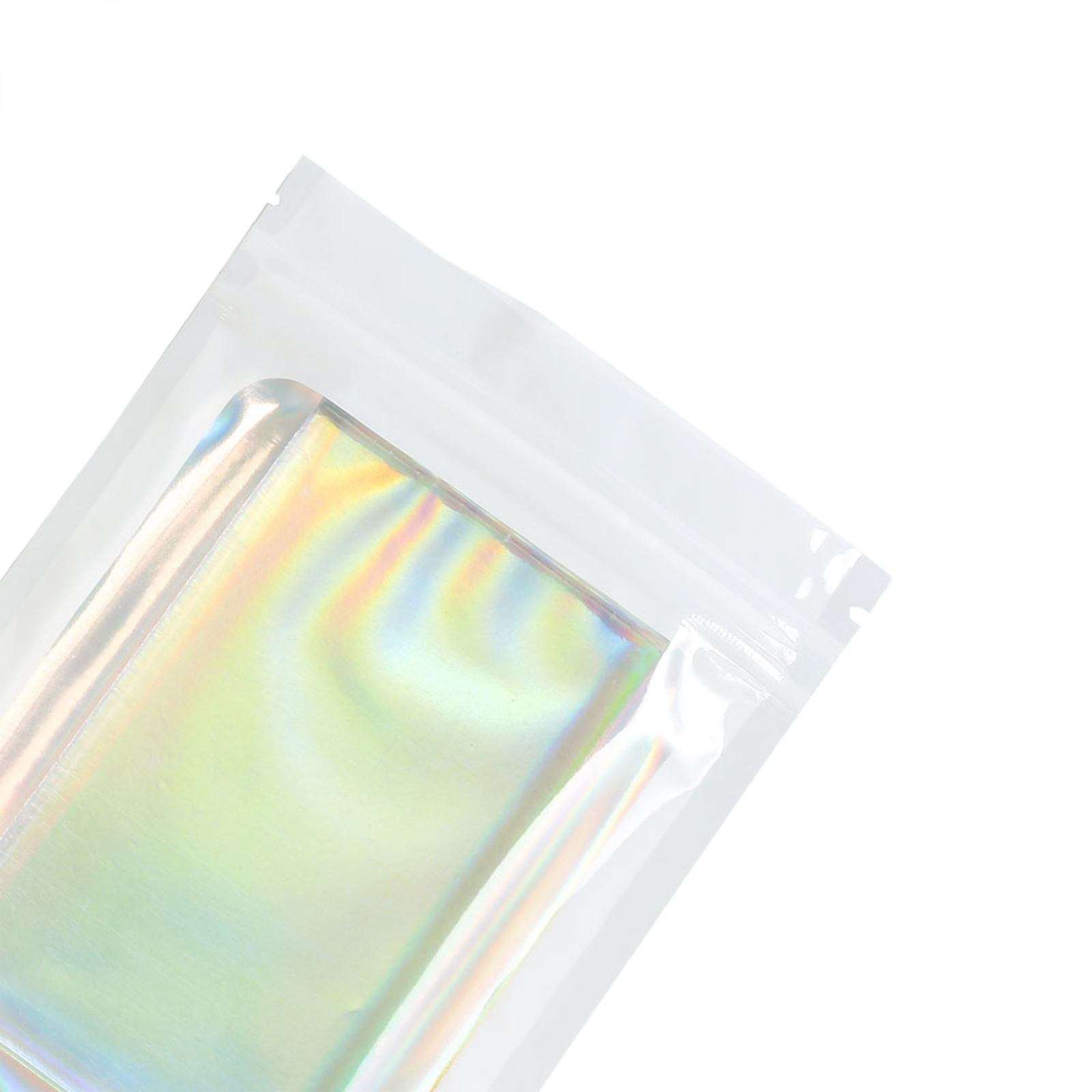 White Mylar Food Packaging Bags, Holographic Foil Snack Bags with Clear Window