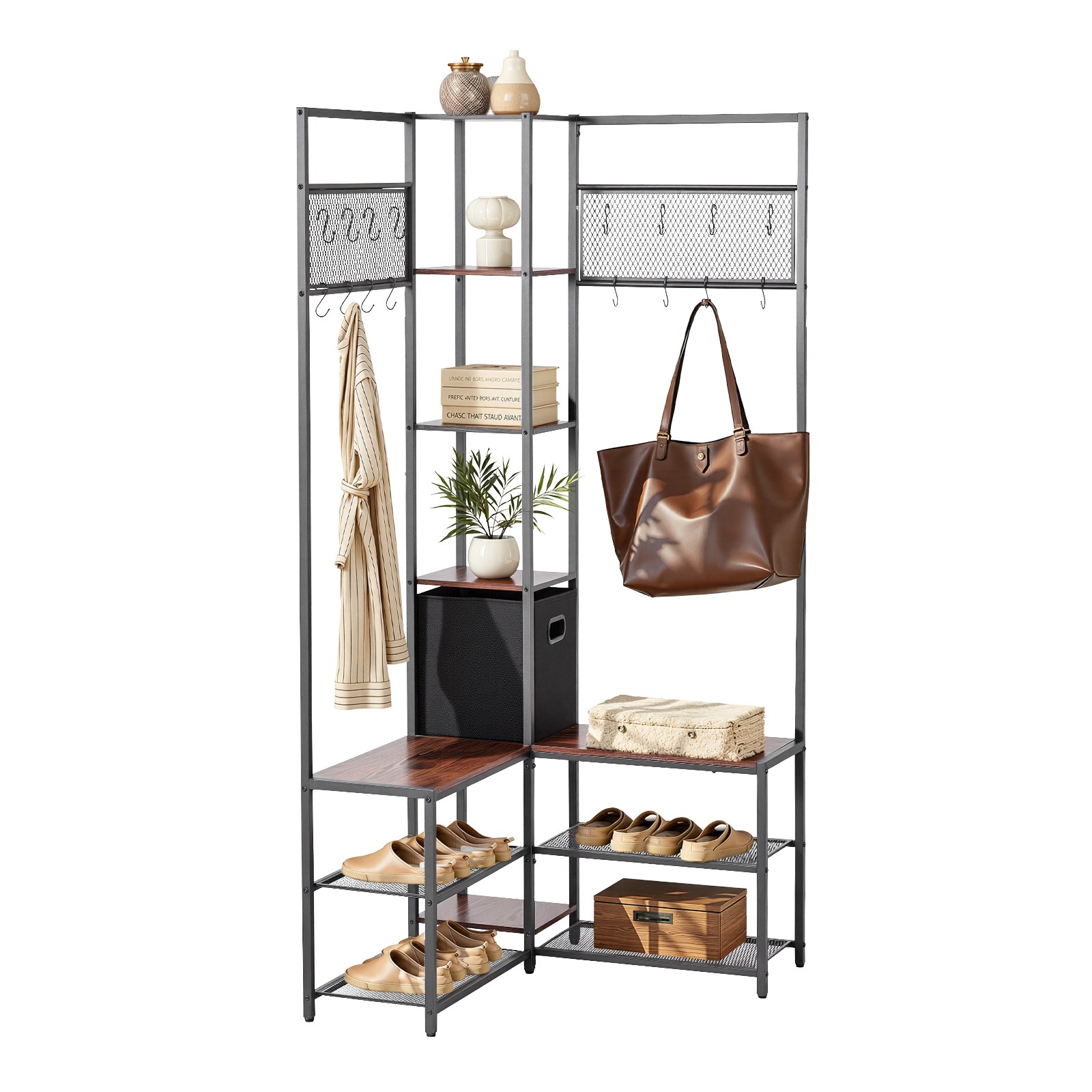 Uimoso Corner Hall Tree with Shoe Bench, 70.9 in Coat Rack with Hooks and Frame