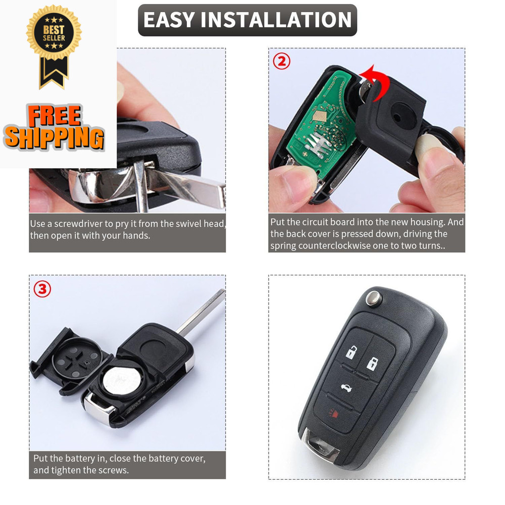 2 Pack Flip Key Fob Case Shell Replacement 4 Button for Chevy Cruze Black