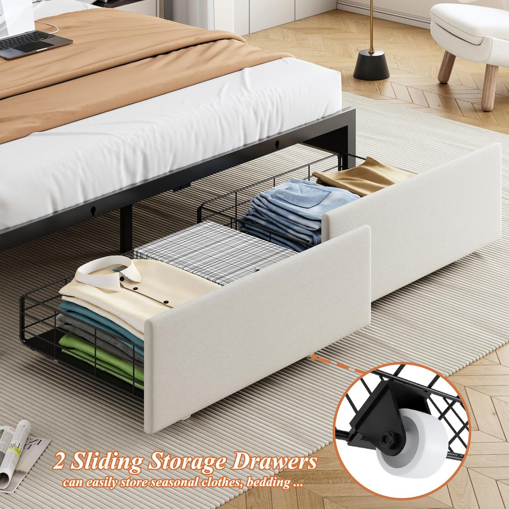 Full Size Bed Frames with Storage Headboard and 2 Drawers, Upholstered Platform