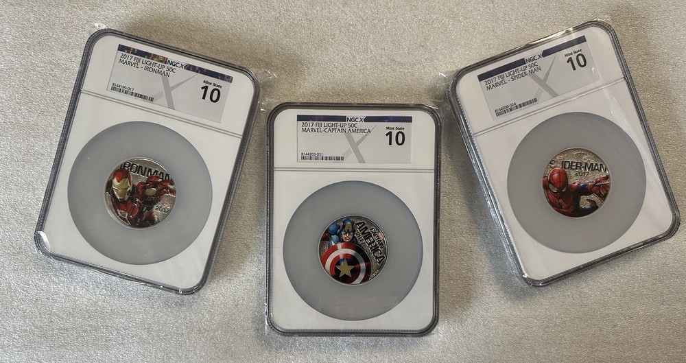 2017 FIJI MARVEL LIGHT-UP  3 Coin Set NGC MS10 Ironman, Spider-Man & Cap’t Ameri