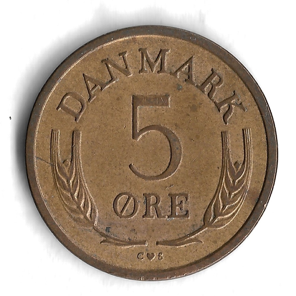1966 Denmark 5 Ore World Coin - KM# 848