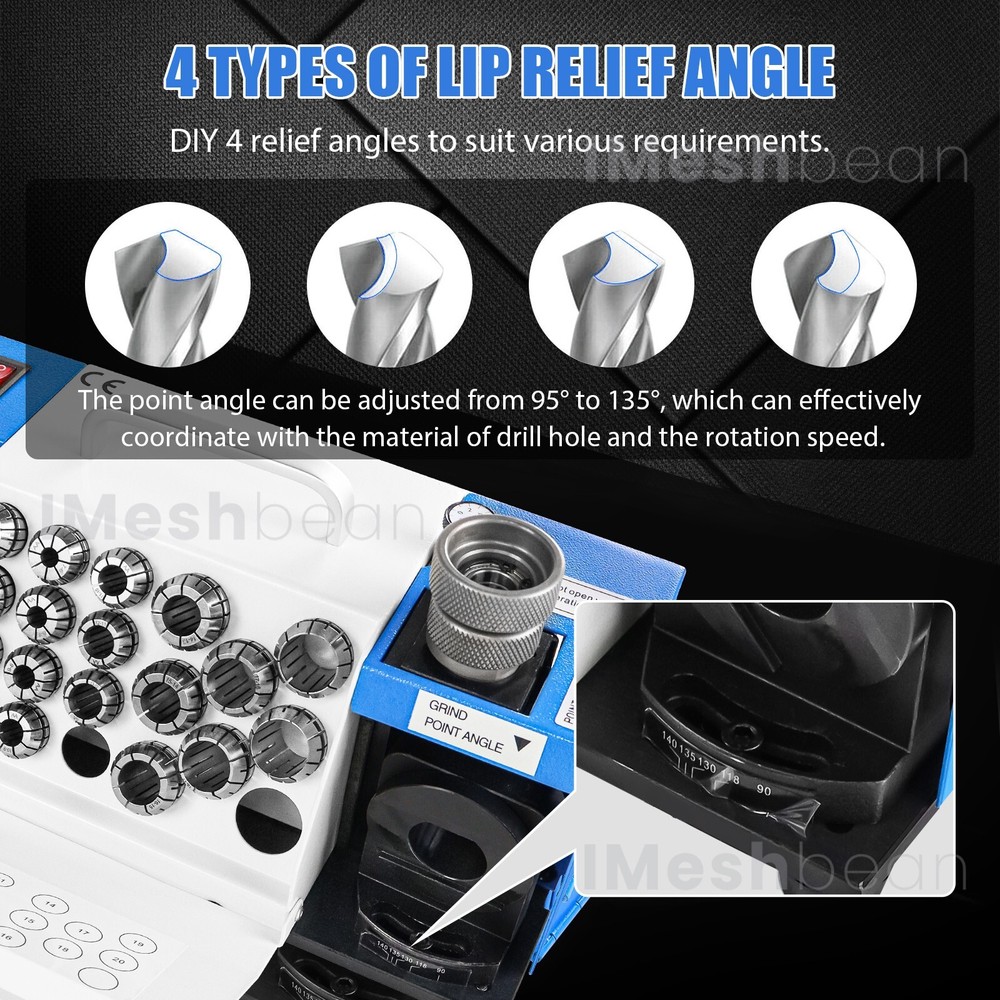 3-20mm Drill Bits Sharpener 95°-135° Bits Grinder Sharpener w/18 Collets 2 Wheel