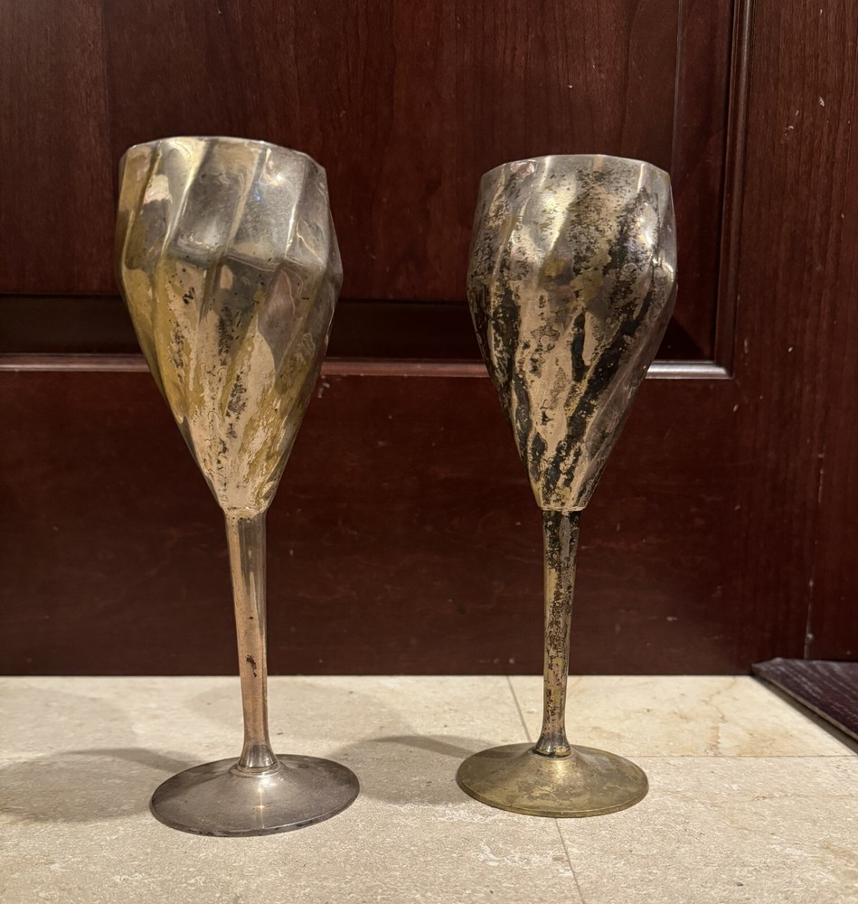 Pair (2) of Silver Plated Long Stem Wine Goblets Decor