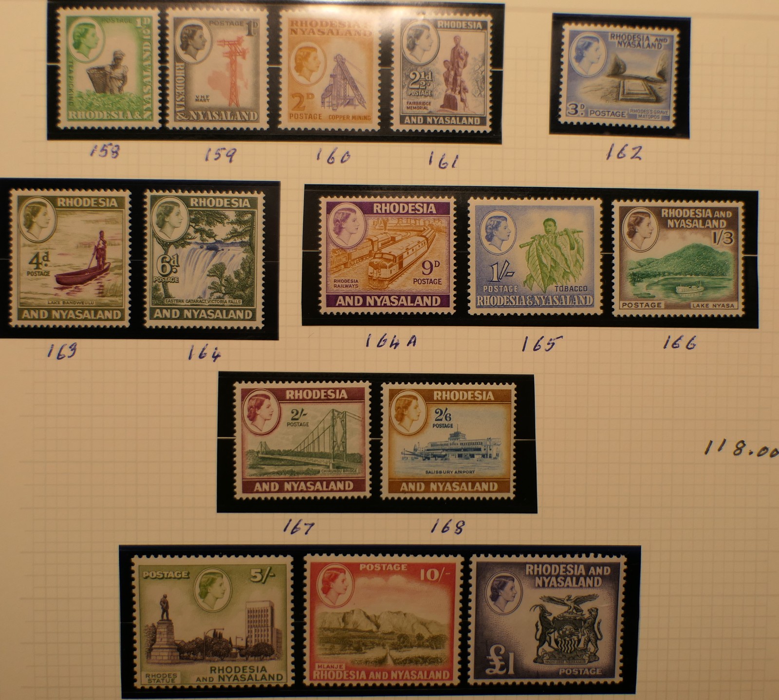 Rhodesia & Nyasaland Scott #158-171, Set of 15, Mint OG LH