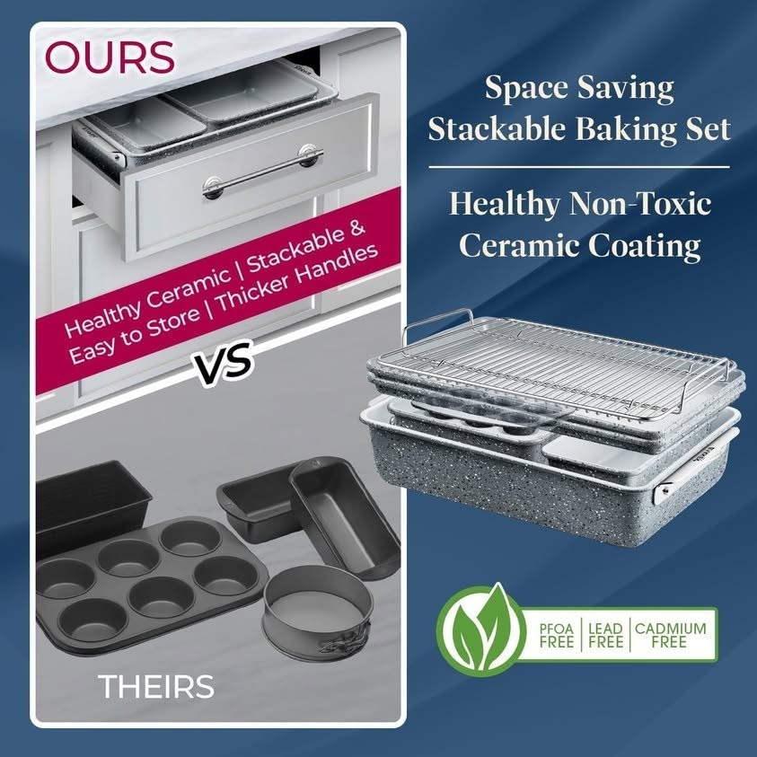 Bakken 8-Piece Stackable Bakeware Set - Ceramic Non-Stick Coating, Marble Color