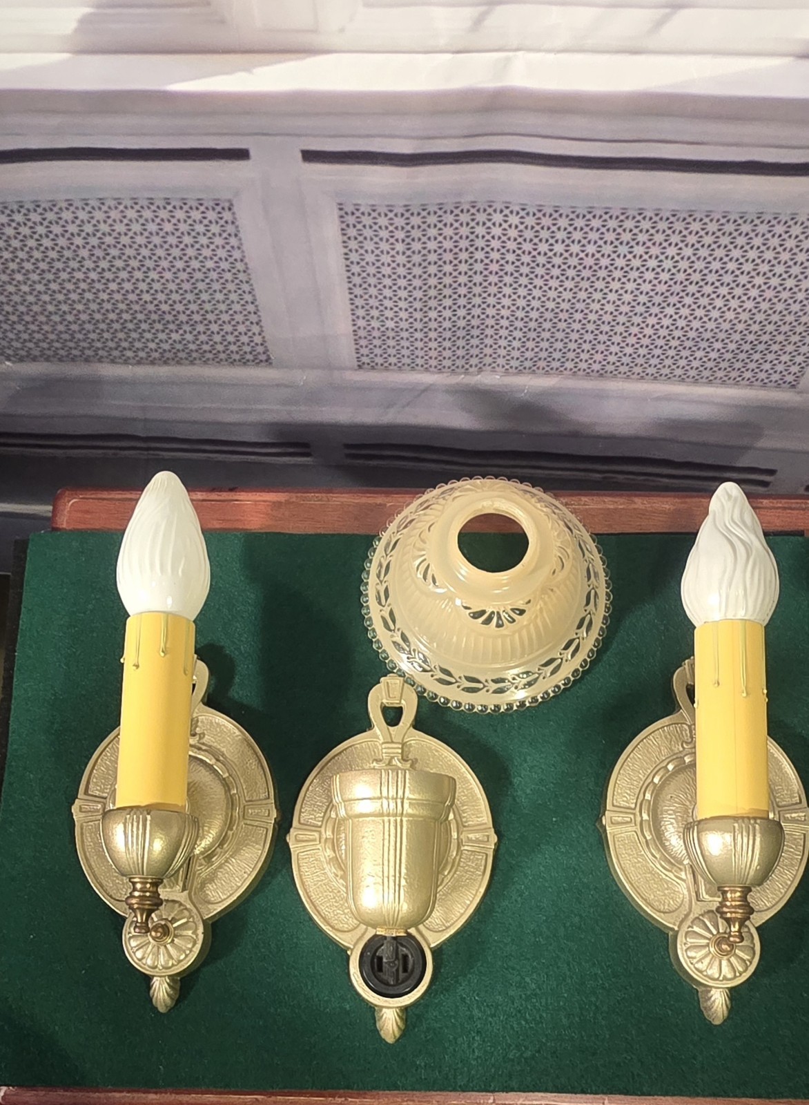 Trio Antique 1930's Markel Slip Shade Candle Wall Sconces Restored Cast Iron