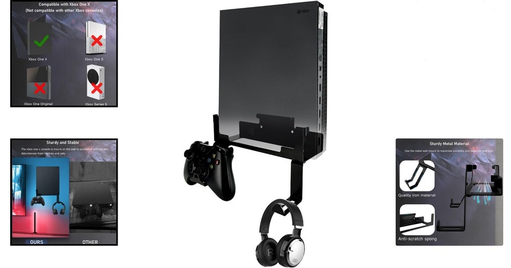 Secure Xbox One X Wall Mount Stand with Detachable Controller & Headphone Holder