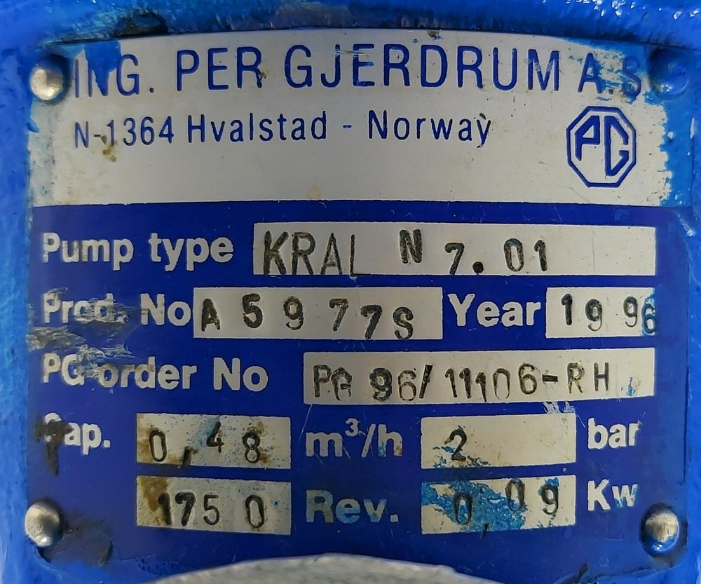Kral N7.01 A5977S 2bar Screw Pump Per Gjerdrum
