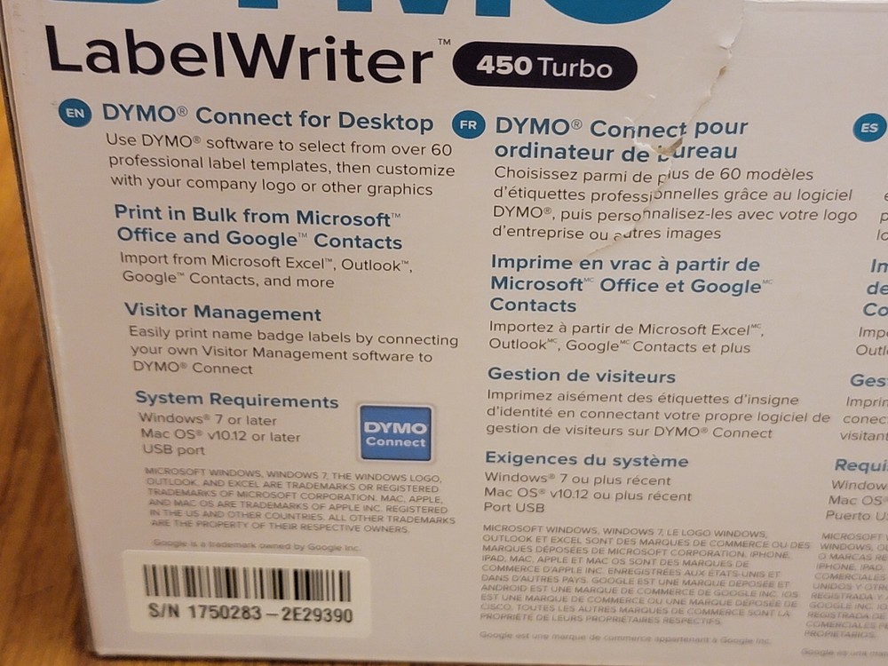 Dymo 450 Turbo Printer (1752265) W/Adapter, USB, Power Cables & Print