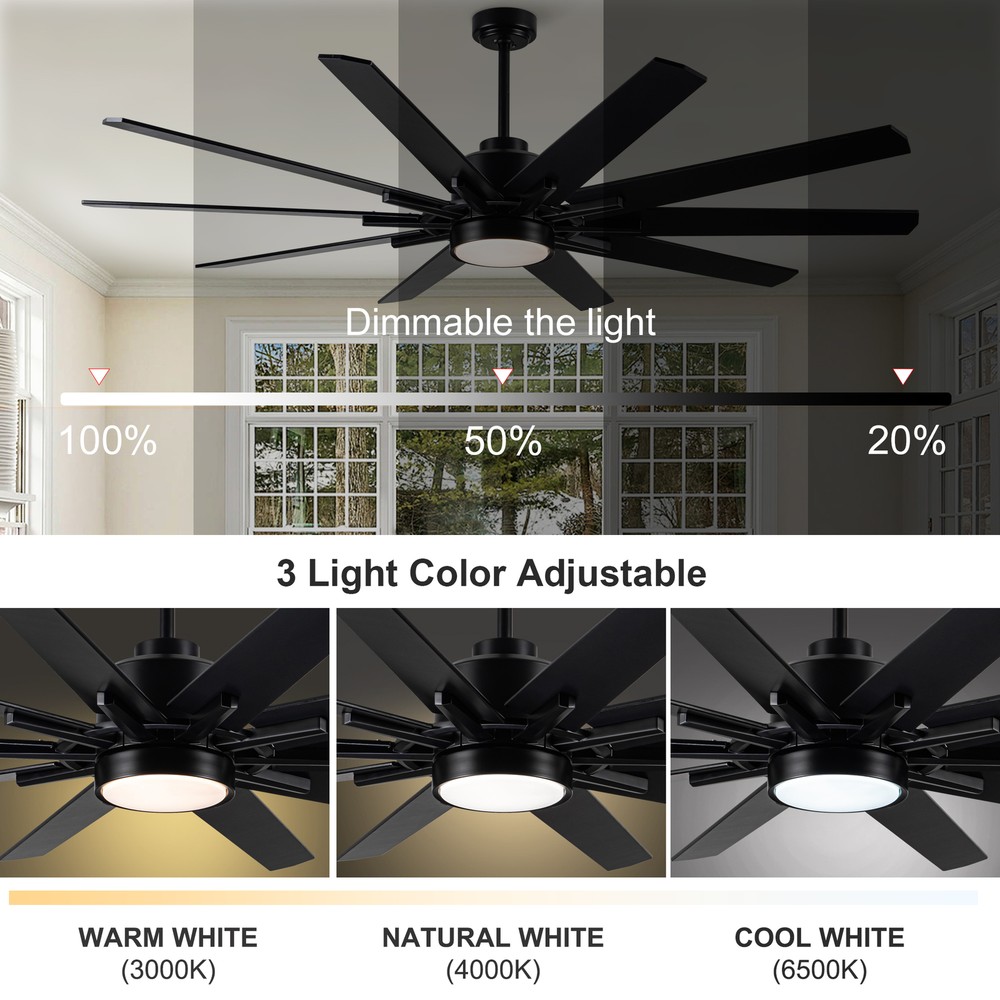 Modern 72 in Ceiling Fan with LED Light, Remote Control, 10 Blades, Black