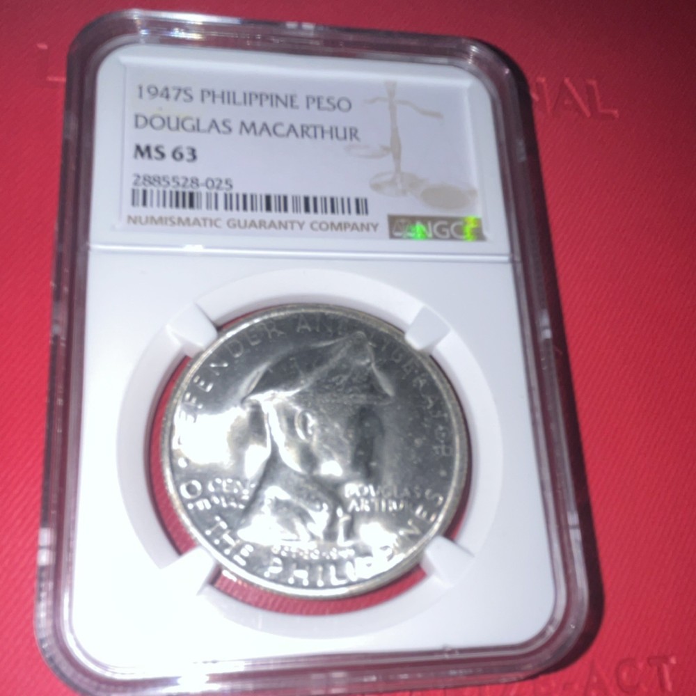 Philippines 1947 1 Peso Silver Coin Douglas MacArthur NGC MS63