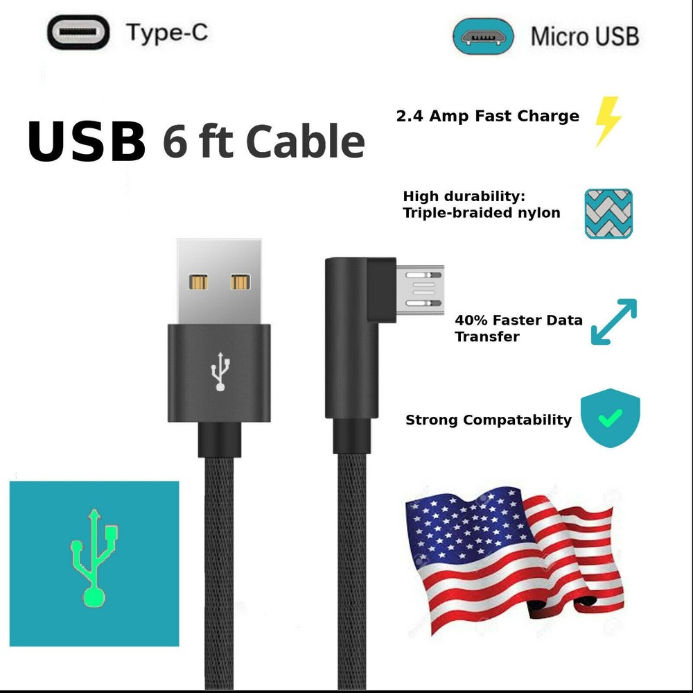 Reversible 90 Degree Right Angle Micro USB Cable Fast Charging Cord 6FT