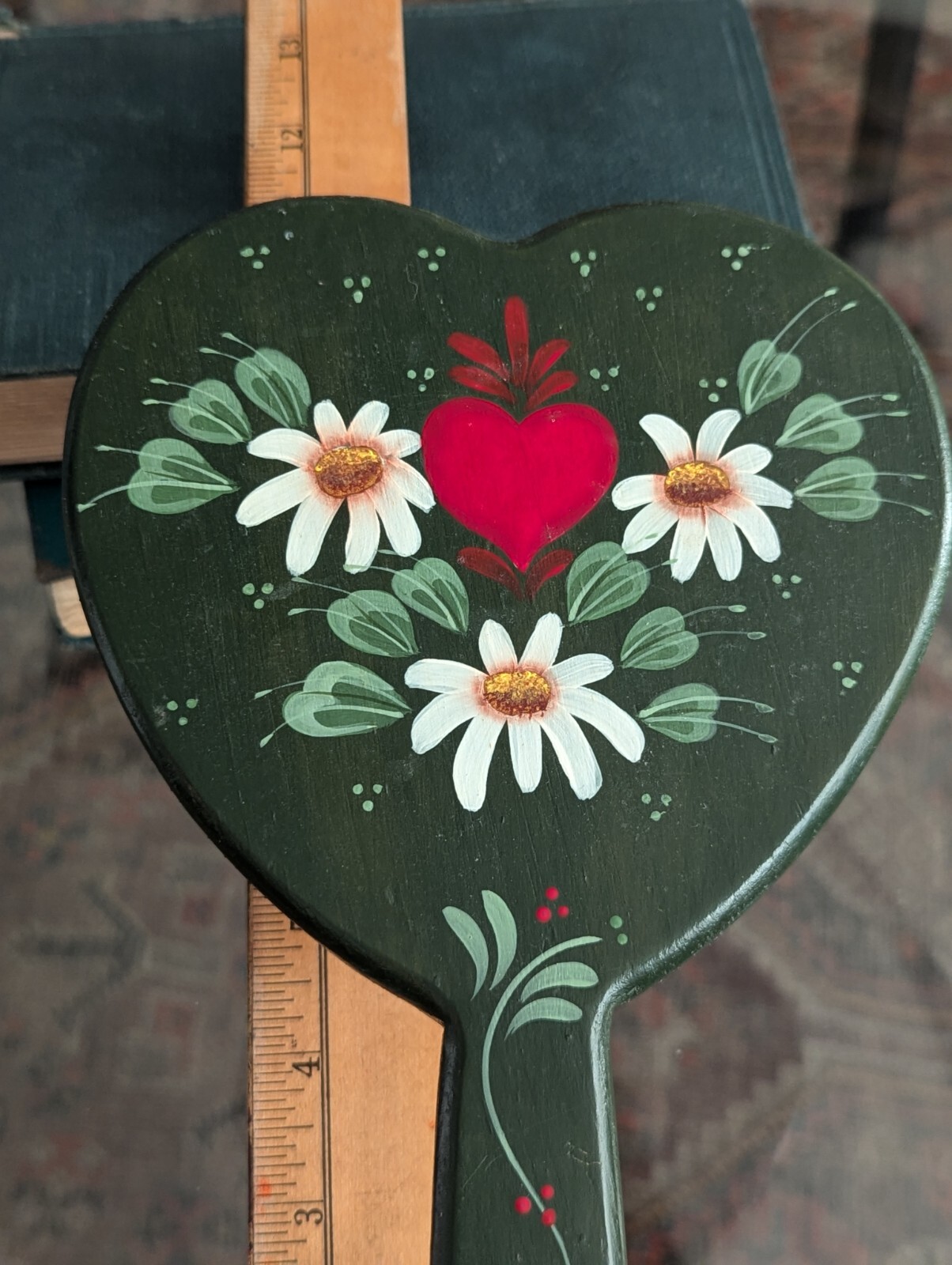 Vtg Hand Mirror Vanity Folk Art Handmade Home Green Wood Tole Painted Floral