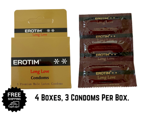 Erotim Long Love Climax Control Condoms Delay - Benzocaine Cream (12 Condoms)