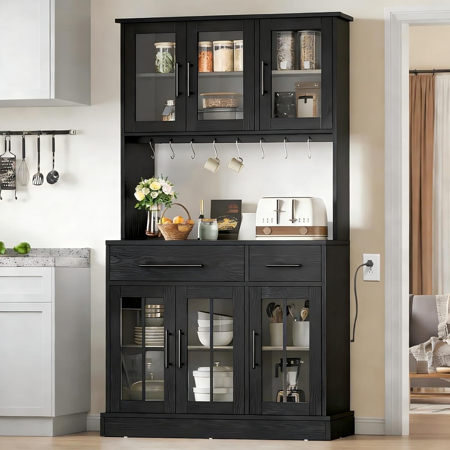 71'' Kitchen Pantry Storage Cabinet with Microwave Stand, Tall Freestanding ....
