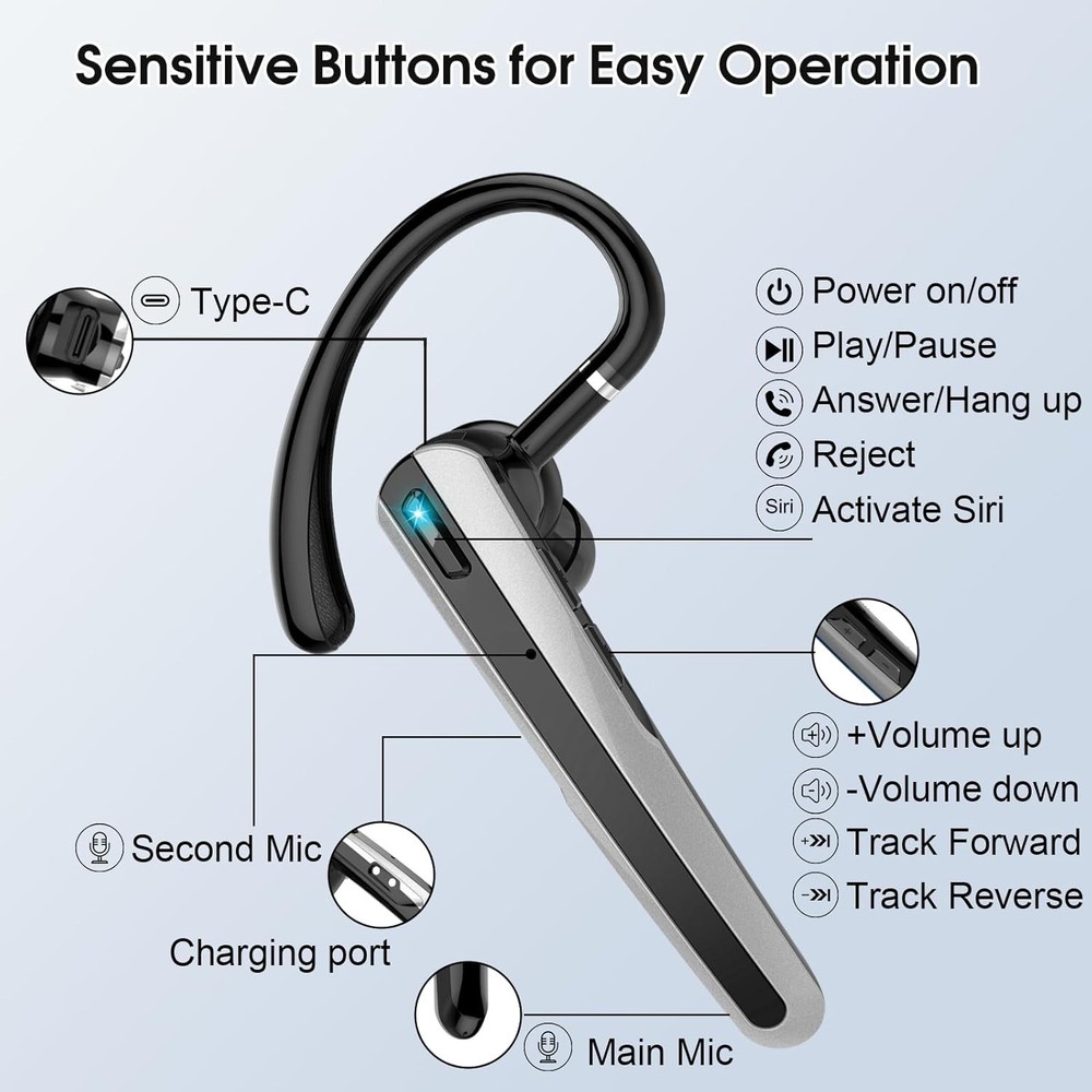 Single-Ear Wireless Headset with Active Noise Cancellation & Long Battery Life