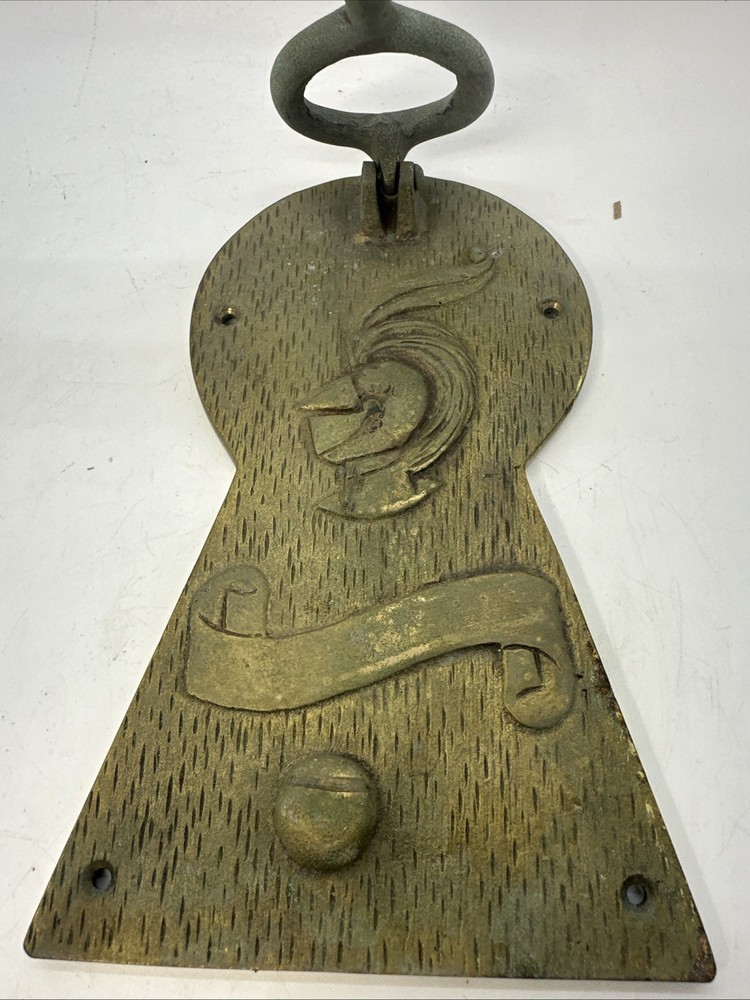 Vintage Solid Brass Skeleton Key Door Knocker W/Keyhole Shape Mounting Plate