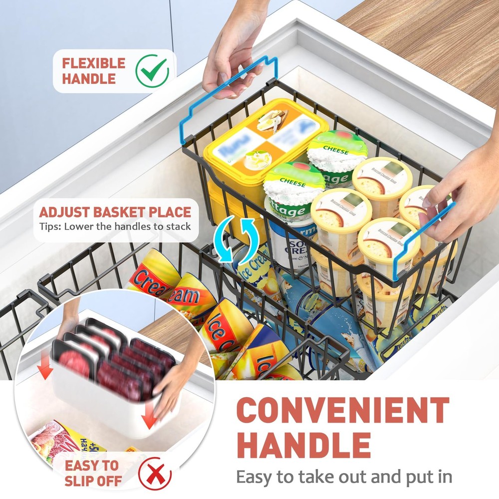 Freezer Organizer Bins with Foldable Handle, 4 Pack Stackable Freezer Baskets...