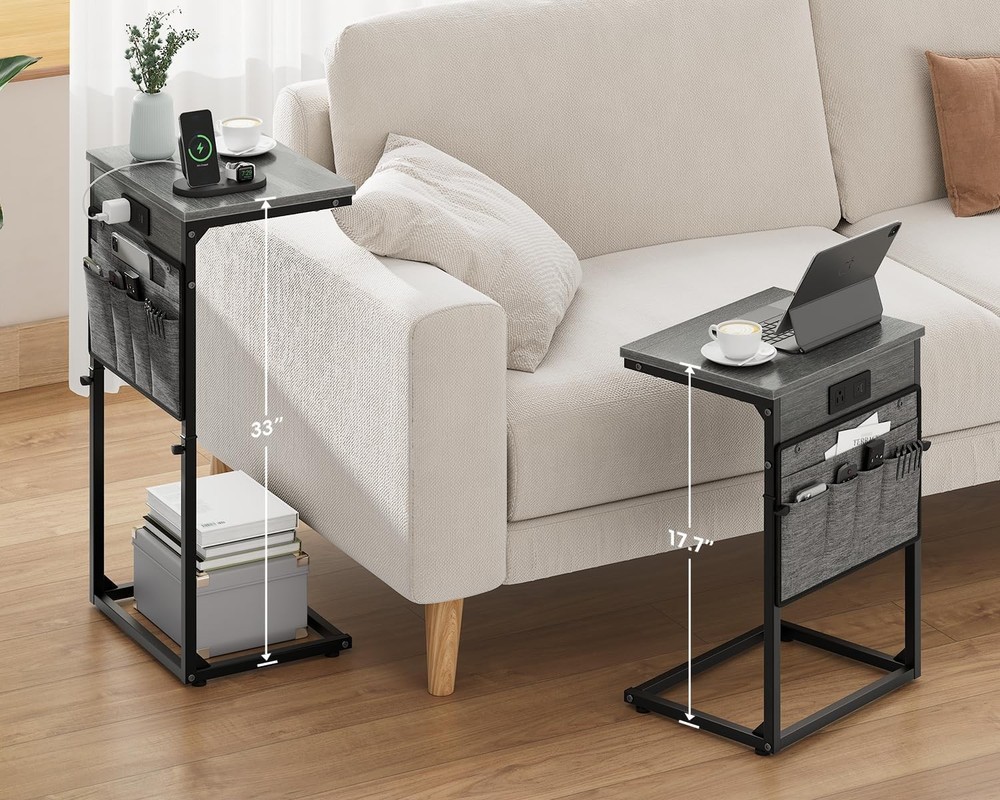 C Shaped End Table W/ Charging Station 33" Tall Side Table Couch Sofa Table