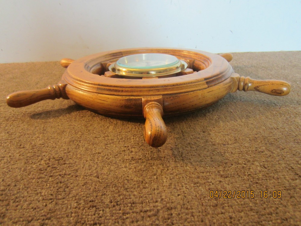 NAUTICAL, OAK SHIP'S WHEEL, WITH BRASS CLOCK
