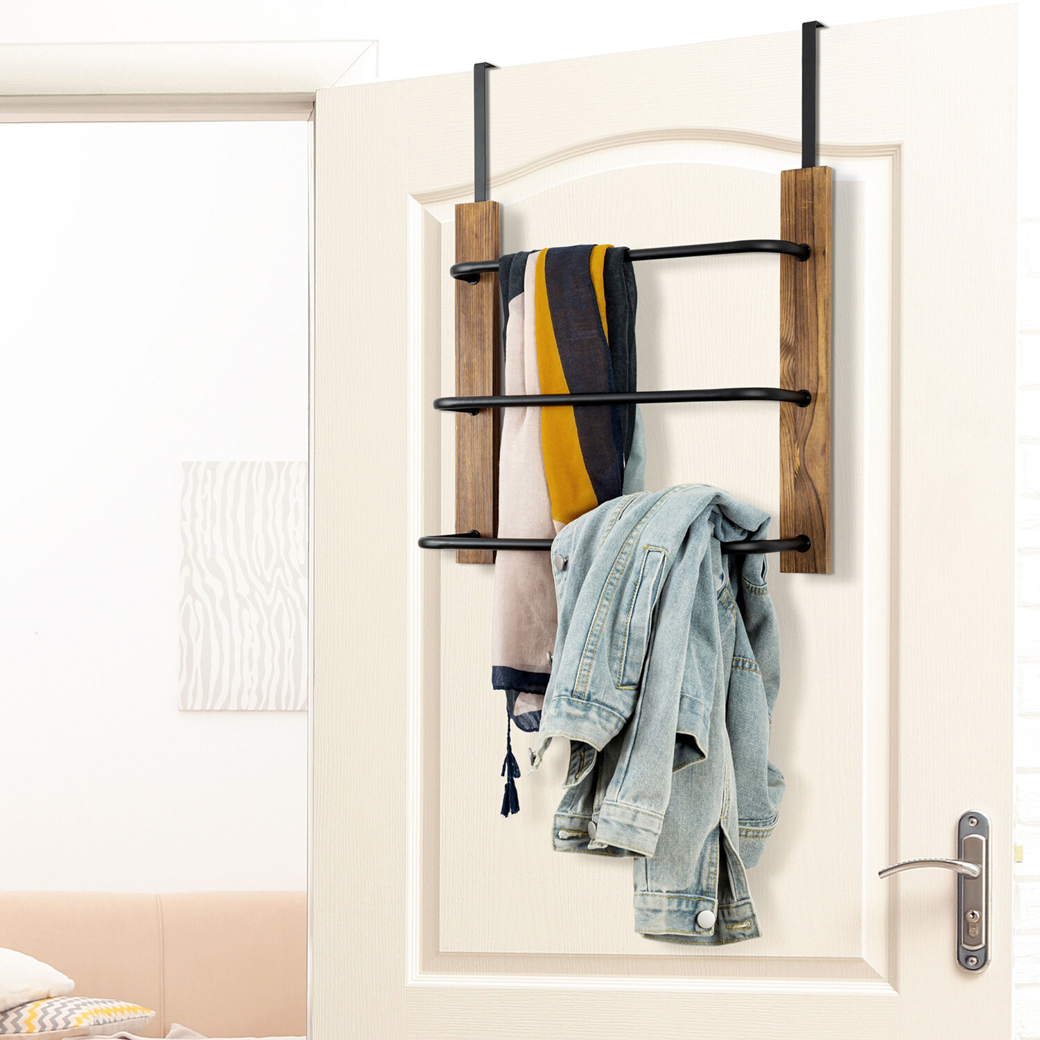 3 Tier Wood Matte Black Metal Space Saving Bathroom Door Hanging Towel Bar Rack