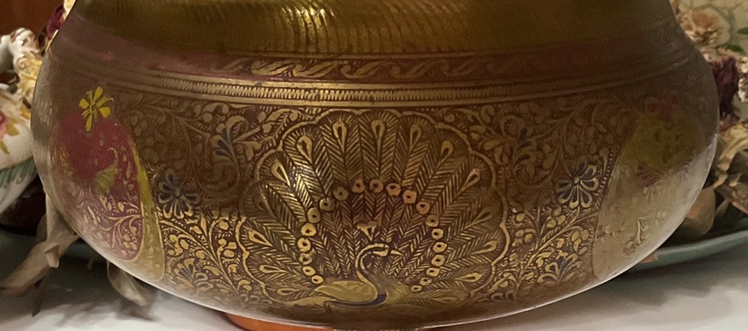 Etched Brass Pedestal Bowl Urn Peacock Floral Motif 7.3lb Ornate Centerpiece