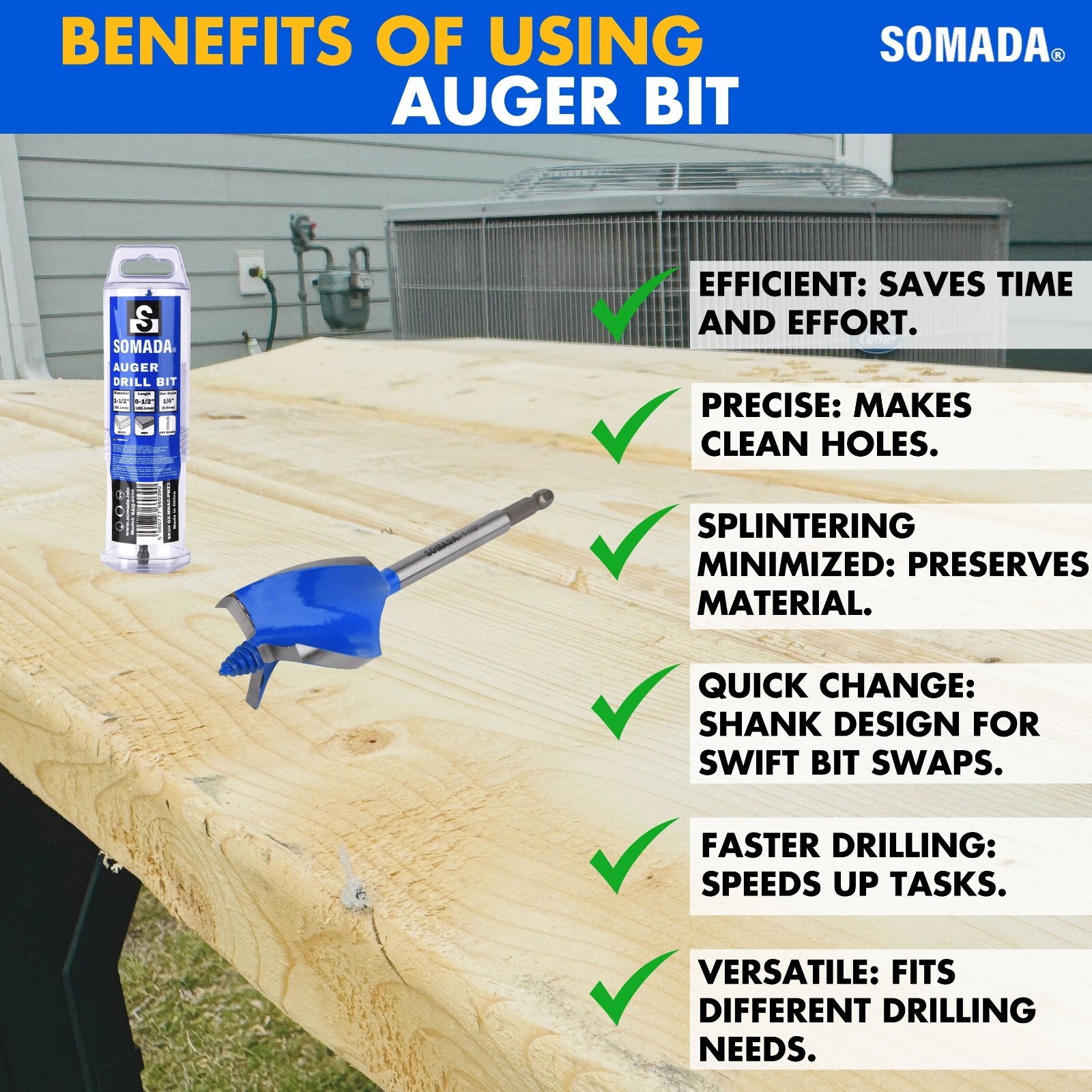 SOMADA 1-1/2-Inch x 6-1/2-Inch Auger Drill Bit for Wood, Hex Shank 1/4-Inch