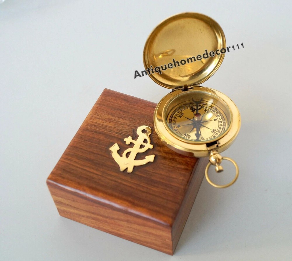 Handmade Brass Push Open Compass with Rose Wood Case, Pocket Compass