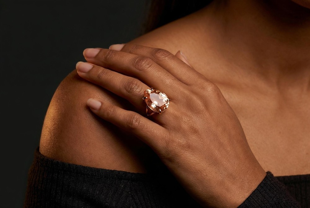 Morganite Gemstone Ring Anemone 14k Gold Pear Cut Teardrop Statement