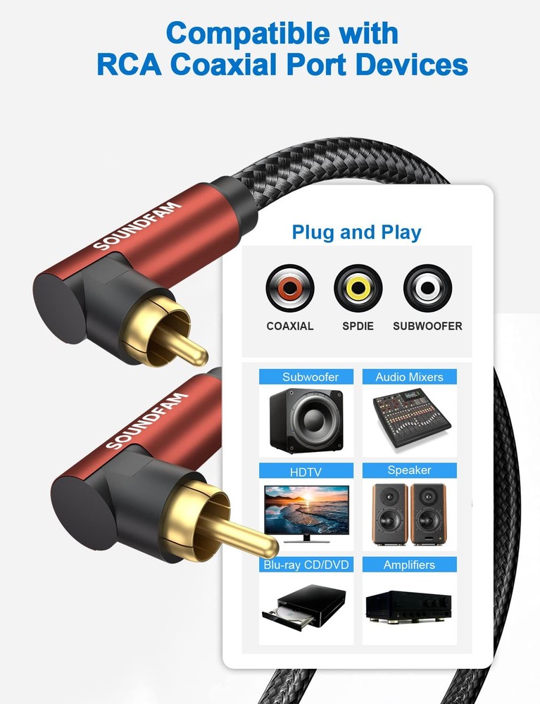 Dual 90 Degree RCA Cable Right Angle 30ft/10M, 2 x 90° Plug