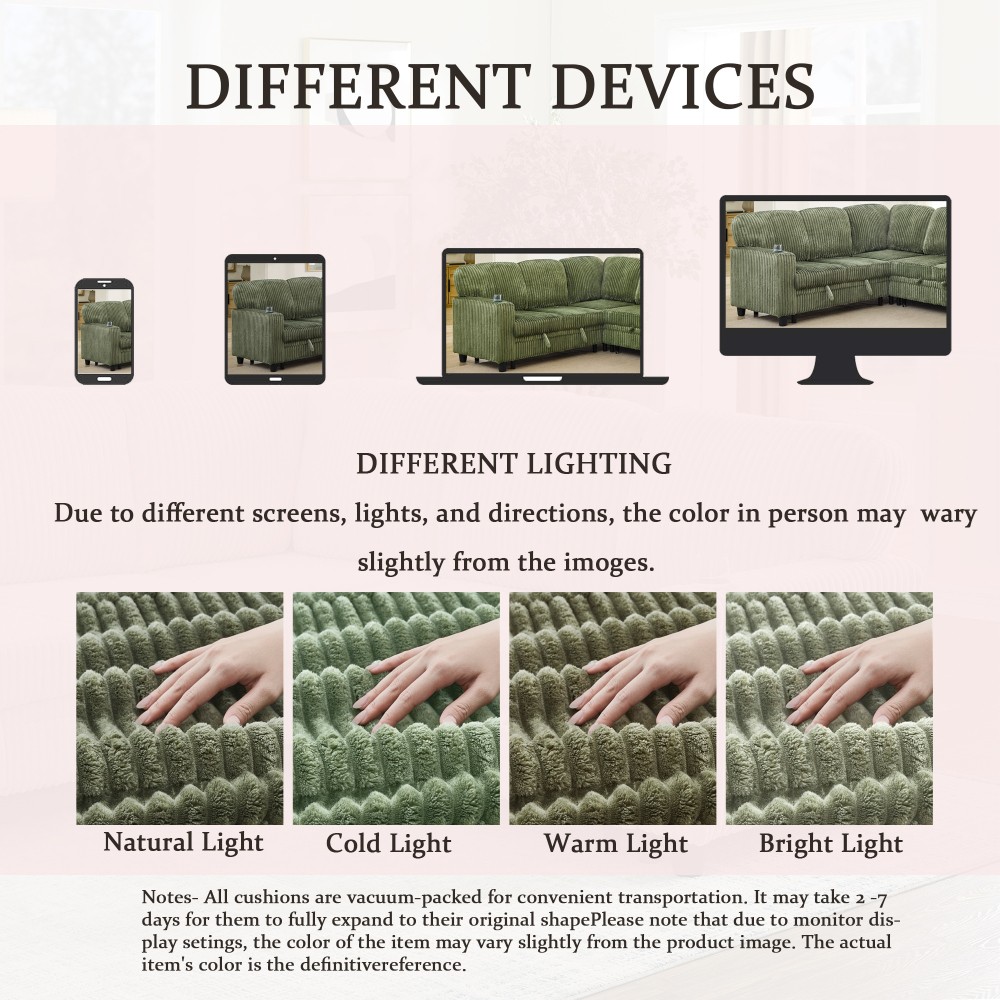 L-Shaped Sofa Bed w/ Pull-Out Sleeper & USB/Type-C, Corduroy, Olive Green