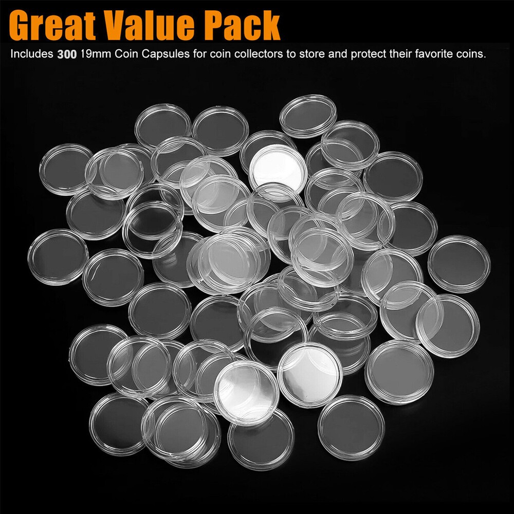 300PC 19mm Clear Round Coin Capsule Container Storage Box Holder case Plastic