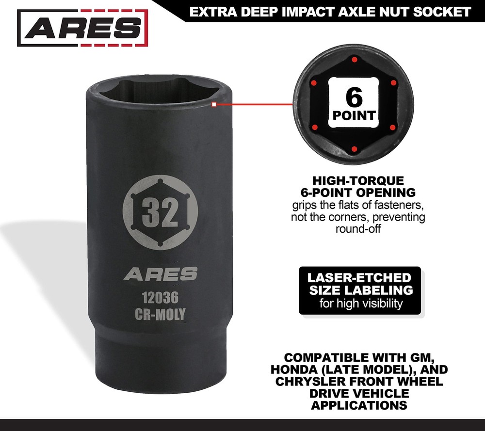 32MM Axle Nut Socket 6 Point Extra Deep 1/2Inch Drive Impact Tool""