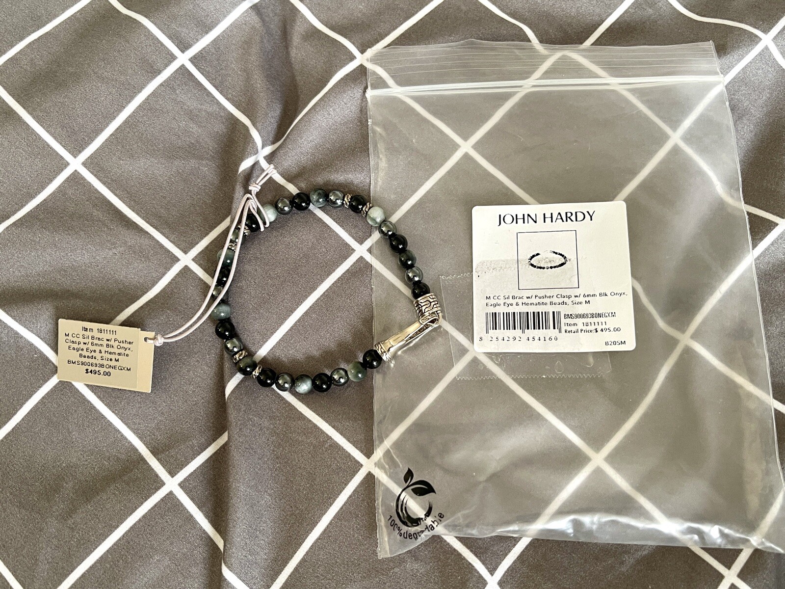 New John Hardy Men’s Sil Bracelet W/ 6mm Black Onyx, Eagle Eye & Hematite Beads