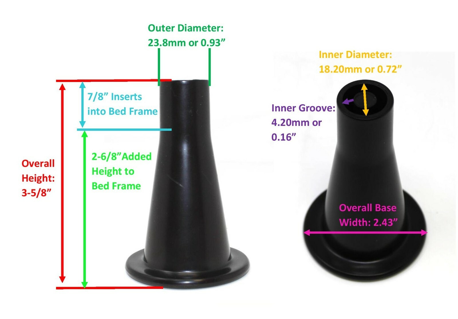 Black Plastic Bed Frame 3-5/8" Tall High Replacement Glide Feet - Set of 4 Glide