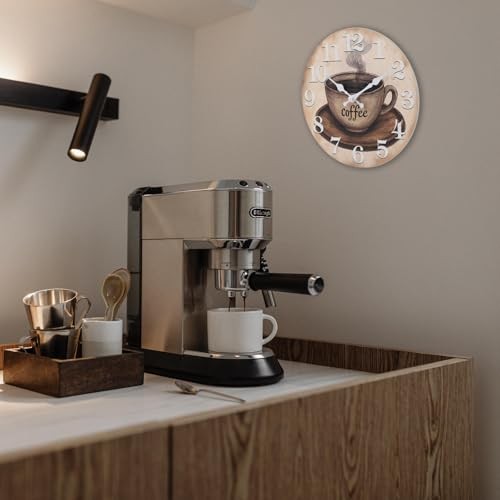 Kitchen Wall Clock Coffee Cup Theme Rustic Modern Glass Clock for 12" Brown