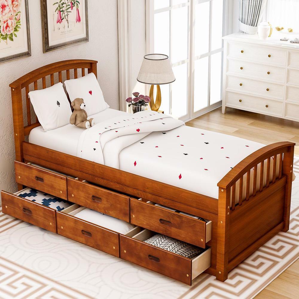 Twin Size Platform Storage Bed Solid Wood Bed Walnut