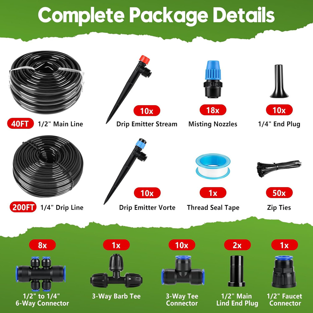 240FT Drip Irrigation System Kit Quick-Connect, Automatic Garden Watering System