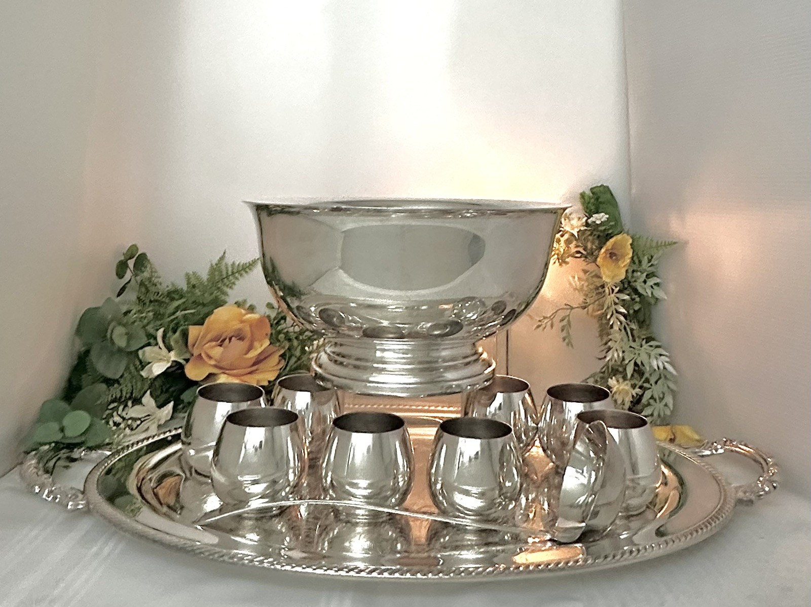 Punch Bowl Silver Plated Set Tray, Cups, Bowl, Ladle Vintage Drinkware - 14 pc