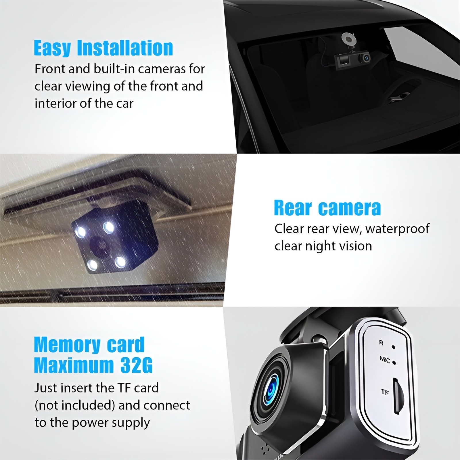 3 Lens Dash Cam Front Cabin Rear 1080P Night Vision, Parking Monitor, G-Sensor