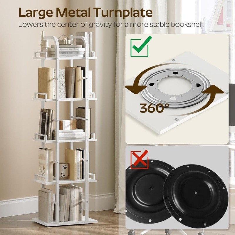 5 Tier Rotating Bookshelf Compact Space Saving Tall Book Rack Corner Storage New