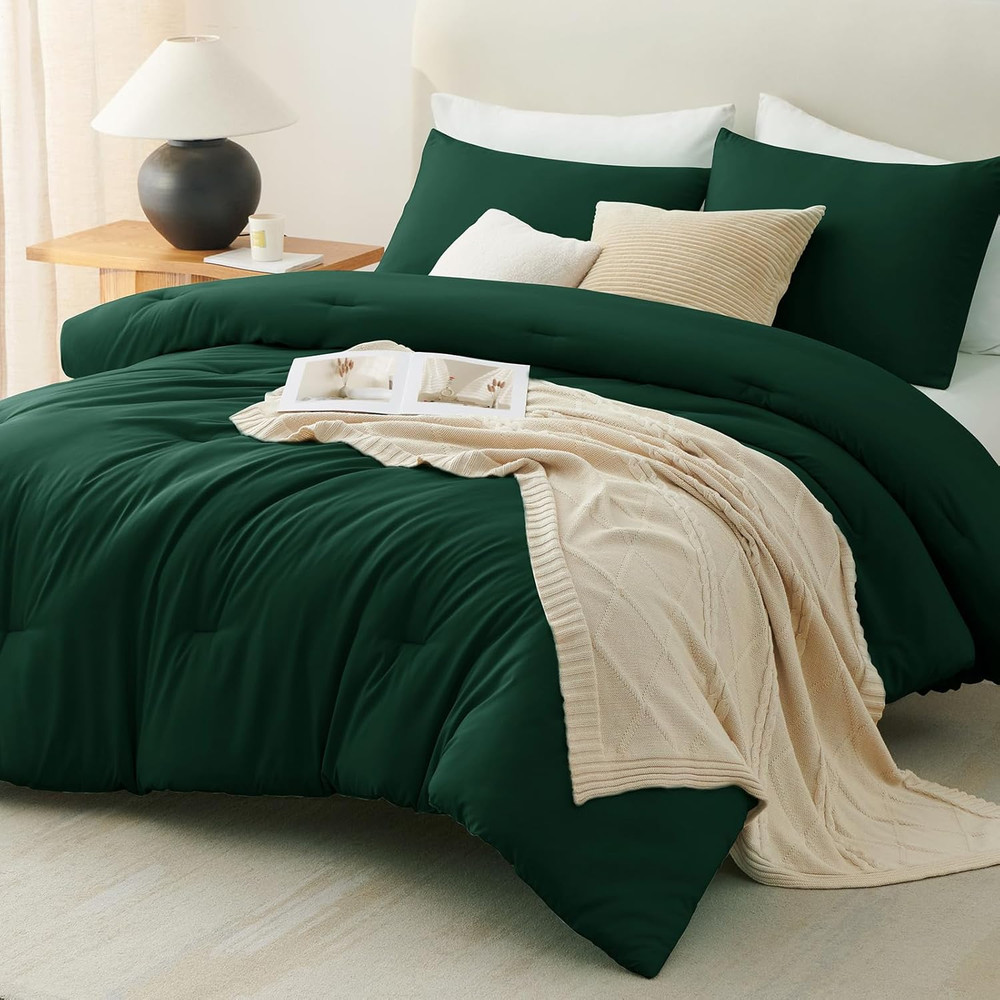 Dark Emerald Green Full Size Comforter Set, 3 Pieces Solid Breathable Quilted Be