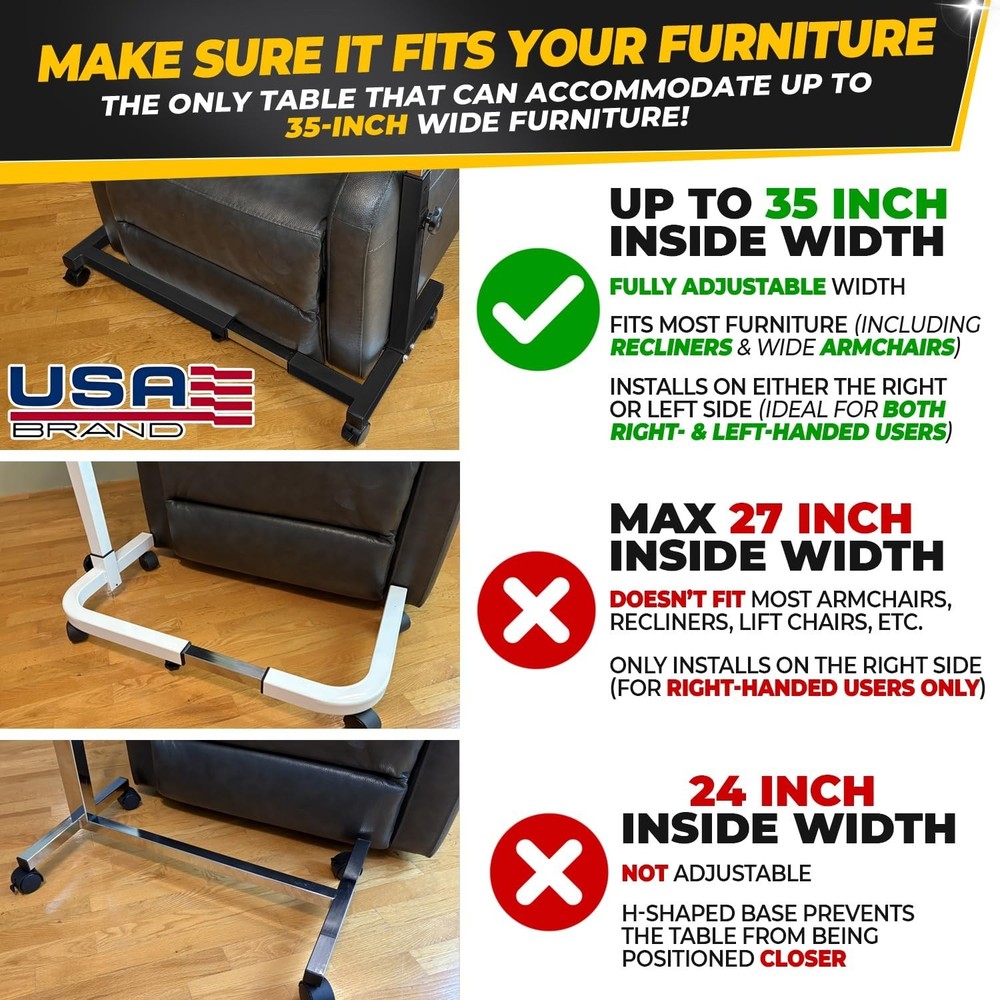 Recliner Table, Over the Bed Table with Wheels, Adjustable Width & Height, wi...