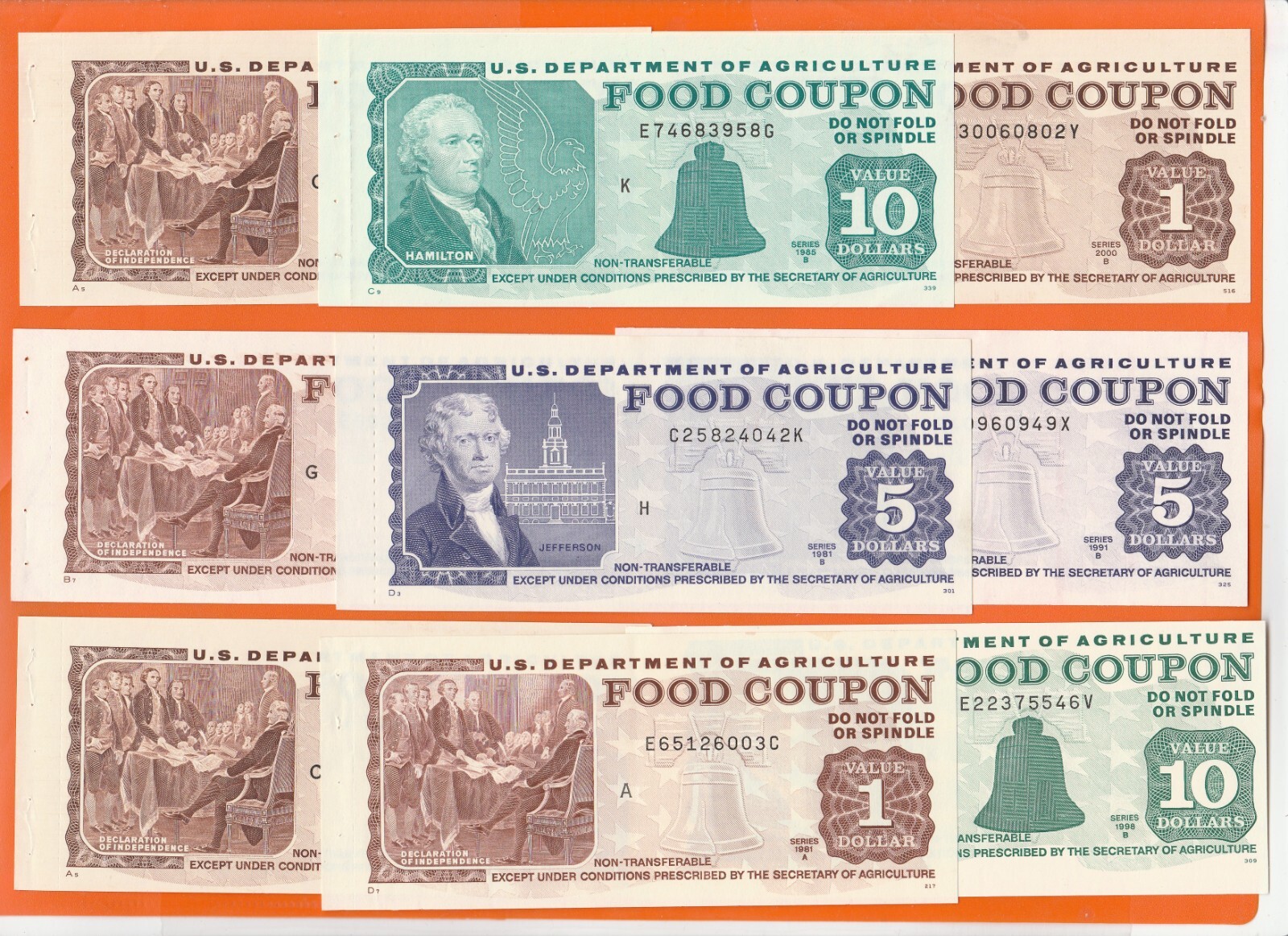 FOOD STAMP COUPON  3 COUPONS $10.00 $5.00 $1.00 USDA AGRICULTURE scrip TOKEN UNC